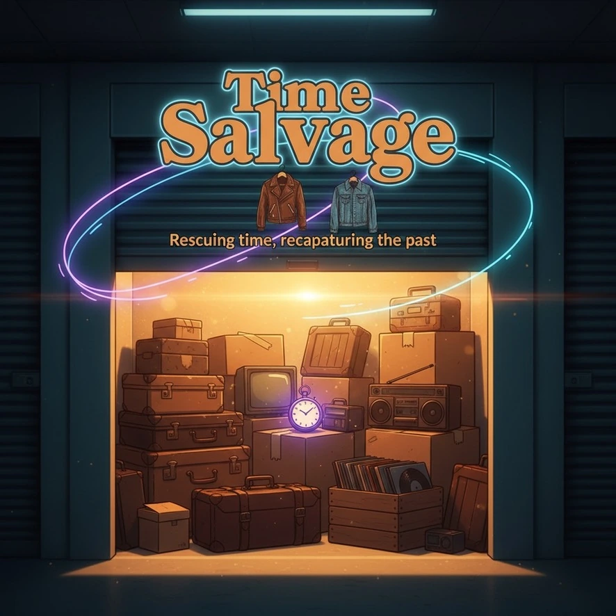 Time Salvage — Rescuing time, recapturing the past. A glowing storage unit filled with vintage suitcases, records, a television, and other rediscovered treasures.